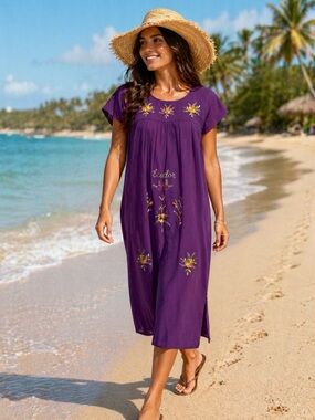Embroidered Ecuador Floral Purple Beach Cottage Midi Dress